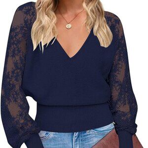 MEROKEETY Womens V Neck Lace Long Sleeve Ribbed Knit Sweater, XL Midnight Blue